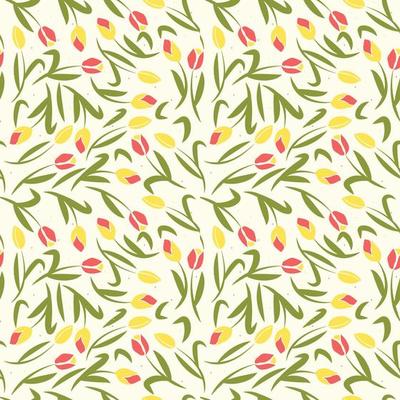 Vector seamless tulip pattern. Yellow and red tulips with green leaves. Floral pattern for fabric, clothing or umbrella print.