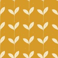 Seamless vector plant pattern. Beige leaves on mustard or yellow background. Illustration of leaves in engraving and retro style. Pattern for clothing print, home textiles or packaging.