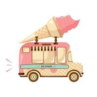 Pink retro ice cream van. Car with ice cream ad on the roof. Vintage dessert machine. Ice cream cone decoration on the . vector