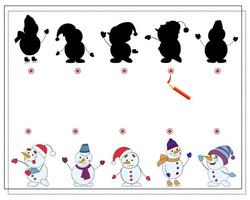 A logical game for children find the right shadow, snowman. vector illustration.