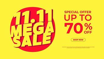 11.11 Mega sale shopping day Poster or banner. Special offer up to 70 percent off banner template design for social media and website. vector