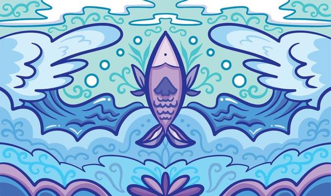 Blue sea themed with fish drawing vector illustration symmetrical background. Symmetry wallpaper for desktop backdrop, social media post, website, or brochure wallpaper. Isolated marine themed art.