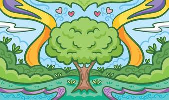 Fresh and beautiful tree natural themed vector background. Greenery wallpaper for poster or website backdrop with cartoon flat art style and clean line art. Colorful drawing with love earth theme