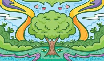 fondo de vector temático natural de árbol fresco y hermoso. papel pintado de vegetación para afiche o fondo de sitio web con estilo de arte plano de dibujos animados y arte de línea limpia. dibujo colorido con el tema de la tierra del amor