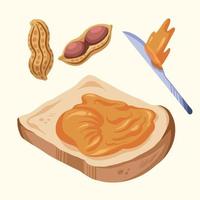 pan con mantequilla de maní encima, con decoración de maní entero y abierto y cuchillo. ilustración de vector de sándwich de mantequilla de maní con estilo de arte plano de dibujos animados y color aislado sobre fondo amarillo liso