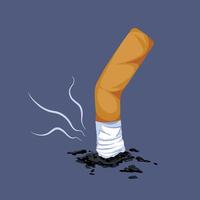 cigarrillos insalubres verticales aplastados y cenizas negras en el suelo. ilustración vectorial de posponer el cigarrillo en el suelo con estilo de arte plano de dibujos animados sobre fondo oscuro con diseño cuadrado. vector