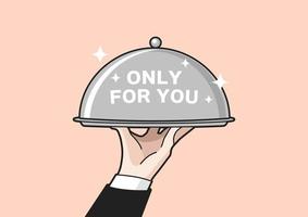 Waiter hand with tray and metal cloche lid cover. Special service only for you. vector