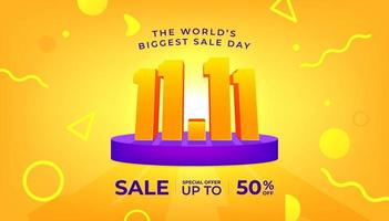 Plantilla de banner de venta en línea 11.11. cartel del día mundial de ventas de compras globales sobre fondo amarillo. vector