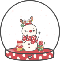 lindo muñeco de nieve de navidad en globo de nieve decoración de bastón dibujos animados dibujo a mano alzada png