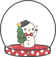 lindo boneco de neve de natal no globo de neve decoração de cana desenhos animados doodle mão desenho png