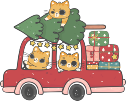 mignon bonhomme de neige, père noël et chats dans la voiture de noël dessin animé doodle dessinés à la main png