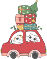 boneco de neve fofo, papai noel e gatos no carro de natal desenhos animados doodle desenhados à mão png