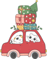 cute snowman, Santa and cats in Christmas car cartoon doodle hand drawn png