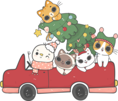söt snögubbe, santa och katter i jul bil tecknad serie klotter hand dragen png