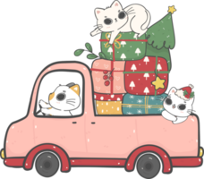 mignon bonhomme de neige, père noël et chats dans la voiture de noël dessin animé doodle dessinés à la main png