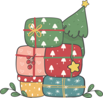 cute stacked of Christmas gift boxes cartoon doodle hand drawn png