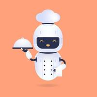 robot chef blanco amigable sosteniendo una bandeja de servir y una toalla blanca. concepto de inteligencia artificial de robot de cocina. vector