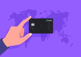 Hand holding FTX credit card on world map background. Vector
