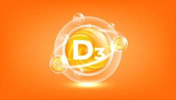 Vitamin D3 shining pill capsule icon. Cholecalciferol vitamin with Chemical formula. Shining golden substance drop. Beauty treatment nutrition skin care design.