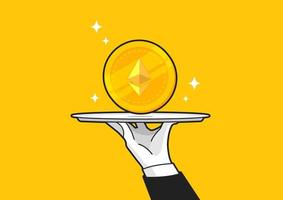 Waiter holding tray or salver and offering gold Ethereum ETH cryptocurrency coin. vector