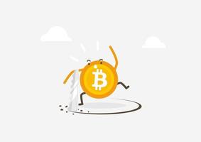 Bitcoin with thief sawing the floor to make bitcoin collapse falling down. Cryptocurrency cartoon concept. vector