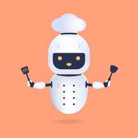 White friendly chef robot with turner and wok spatula. Cooking Robot Artificial Intelligence concept. vector