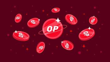 Optimism coins falling from the sky. OP cryptocurrency concept banner background. vector