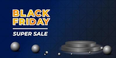 Black Friday banner template. Simple design with golden and white typography, Black podium and blue background. Use for flyer, banner, promotion, advertising, web, social and ads vector