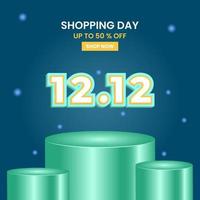 global shopping day 12 12 design template. with snowflake and green podium. modern and 3d style. use for flyer, banner, promotion, advertising, web, social and ads vector