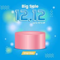 12 12 big sale promotion design template. with text effect, and podium. modern, minimal and simple style. pink, blue and white. use for flyer, banner, promotion, advertising, web, social and ads vector