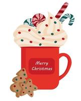 Illustration of red Christmas mug with whipped cream, lollipops, candy cane. Below are gingerbread cookies in the form of Christmas tree and star, decorated with sprinkles. Merry Christmas on the cup vector