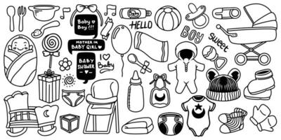 Hand drawn set of new born baby shower toys on white background. vector