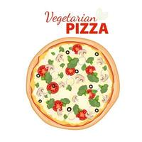 Pizza with tomato, broccoli, basil, olives, mushrooms and onion. Vegetarian pizza top view. Hot pizza with vegetables isolated on white background. Flat vector illustration