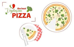 Vegetarian pizza with mushrooms, broccoli and olives. Triangle pizza piece on the plate and a red checkered napkin.  Top view. Taking traditional fast food. Flat vector illustration