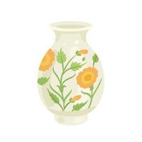 Ceramic vase of light yellow color with flowers. Vector flat illustration isolated on white background.