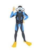 The diver poses and shows hello. Vector flat design illustration on white background.