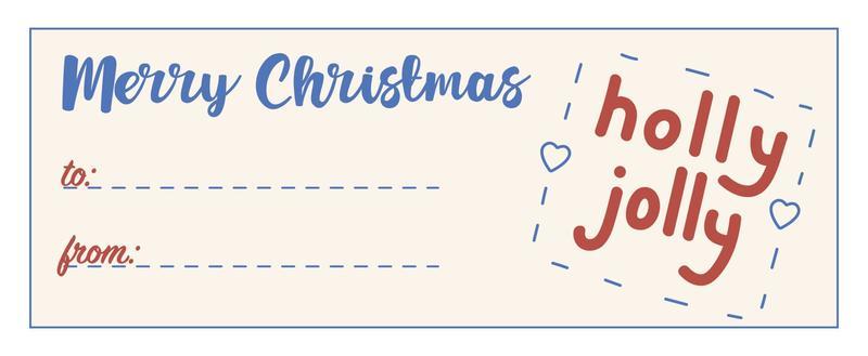 Cozy Hygge Christmas greeting card, gift tag, badge, label. Space for text from and to . Sign for a gift box with text press holly jolly . Merry Christmas