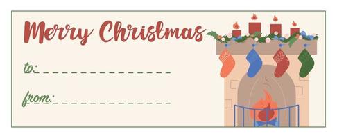 acogedora tarjeta de felicitación de navidad higge, etiqueta de regalo, insignia, etiqueta. espacio para texto desde y hacia . firme para una caja de regalo con chimenea casera con calcetines de regalo. Feliz Navidad vector