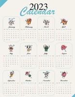 calendario mensual de dibujos animados retro de pared 2023. Plantillas de 12 meses. la semana comienza desde el domingo. Calendario 2023 ilustrado con personajes de dibujos animados retro. plantilla de calendario vertical mensual simple para 2023 vector