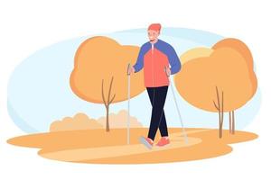 Senior elderly man training Nordic walking with ski trekking poles in autumn forest. Active rest outdoors. Concept of active healthy lifestyle of seniors. vector