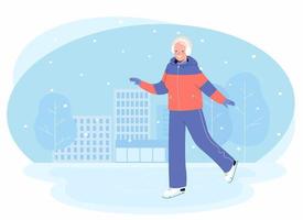 Elderly woman skating on ice. Senior woman leading an active lifestyle.  Concept of active healthy lifestyle of seniors.