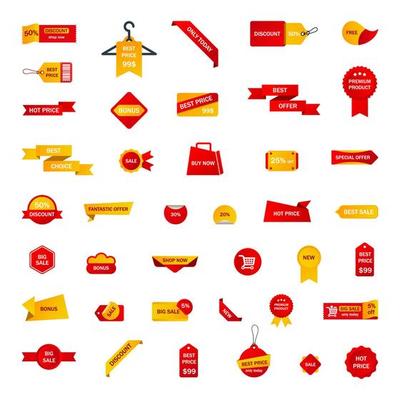 Vector stickers, price tag, banner, label. Coupon sale, offers and promotions vector template. Shop price tag, retail, commerce, business. Set of speech bubbles