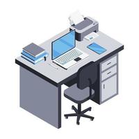 3D workplace, table with laptop, printer, smartphone, books. Online remote work concept, digital technologies for distant learning. Work desk with notebook, electronics. Vector isometric illustration