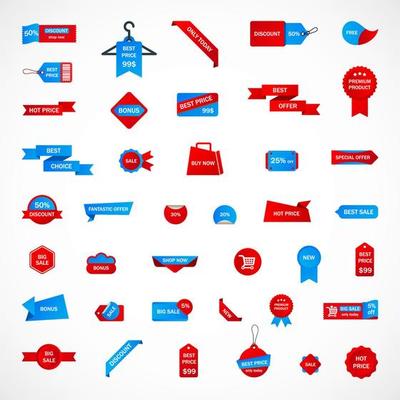 Vector stickers, price tag, banner, label. Coupon sale, offers and promotions vector template. Shop price tag, retail, commerce, business. Set of speech bubbles