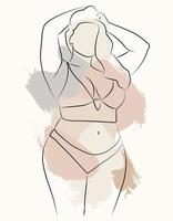 A simple body-positive elegant poster. Beautiful illustration of the line of a seductive female body. Minimalistic linear female figure. Abstract nude sensual linear art. vector