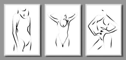 Three illustrations. Vector set of illustrations of a beautiful female body. Minimalistic linear female figure. Abstract underwear.