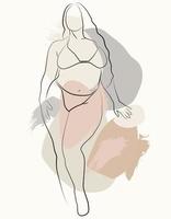 A simple body-positive elegant poster. Beautiful illustration of the line of a seductive female body. Minimalistic linear female figure. Abstract nude sensual linear art. vector