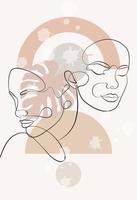 Female faces of the same line. Abstract geometric shapes. Continuous female portrait. Geometric shapes and floral elements in a modern minimalist style. vector