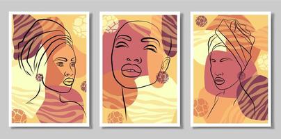 A girl in the tropics. A set of three paintings. Abstract portrait of a young woman in a minimalist style. Drawing lines. Beautiful African woman. Wall Art In The Style Of Pop Art. vector