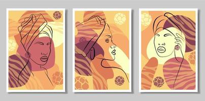 A girl in the tropics. A set of three paintings. Abstract portrait of a young woman in a minimalist style. Drawing lines. Beautiful African woman. Wall Art In The Style Of Pop Art. vector